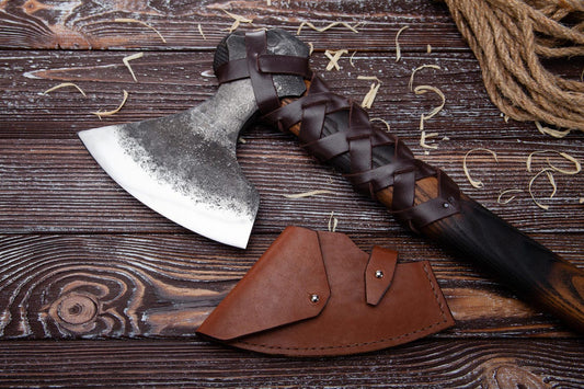 Nordic Raider Axe – Handmade Carbon Steel Forest Hatchet with Carved Ash Wood Handle Arham Cutlery