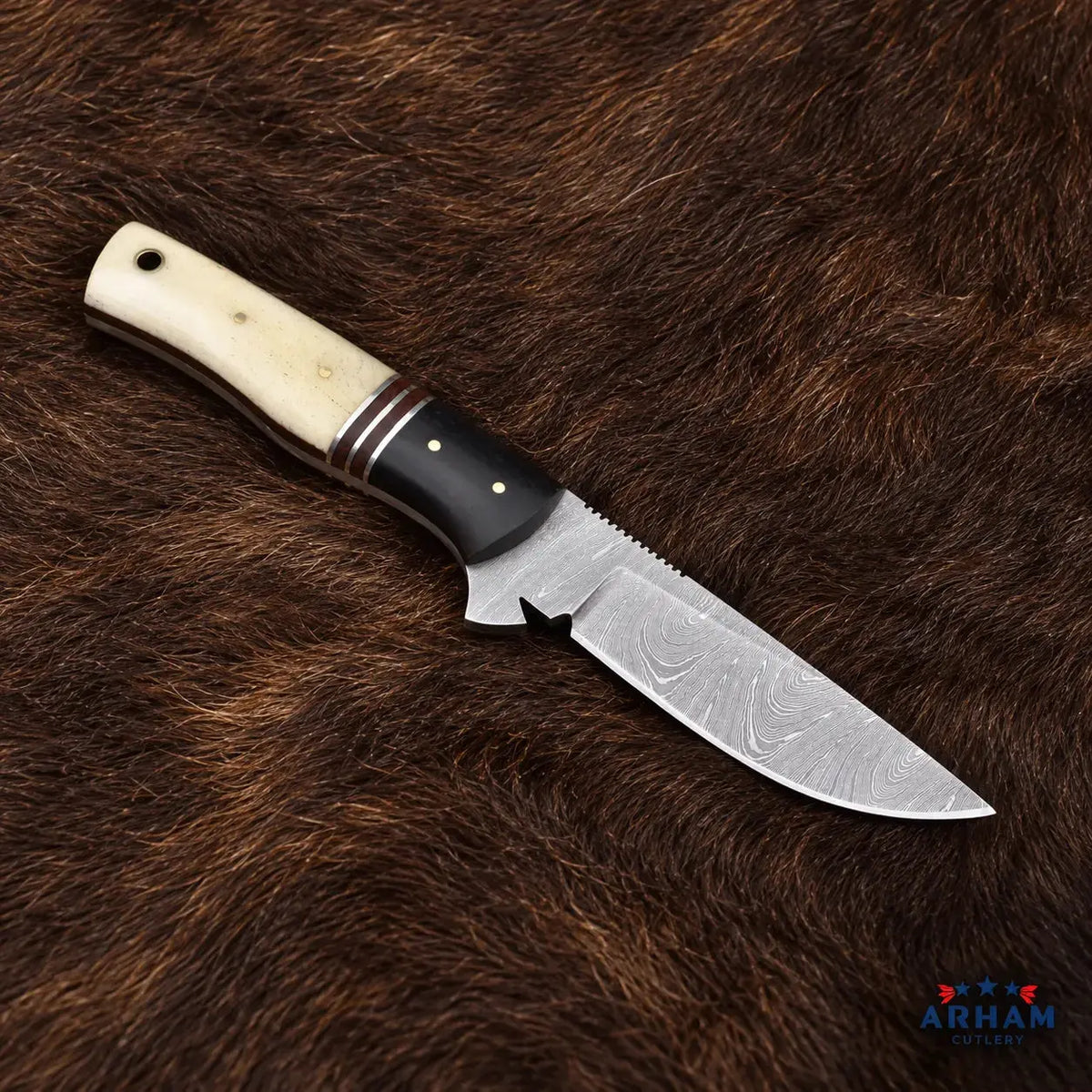 Bonecrest Trailnotch Damascus Hunting Knife – Cattle Bone Handle Arham Cutlery