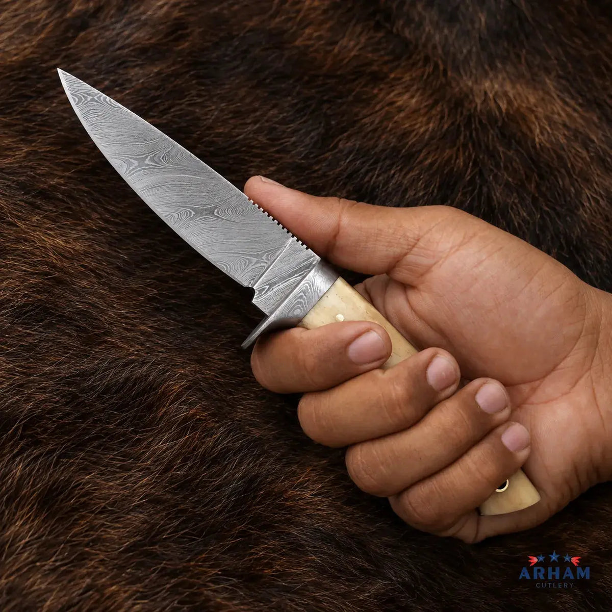 Bone Needlecrest Damascus Hunting Knife – Natural Cattle Bone Handle Arham Cutlery