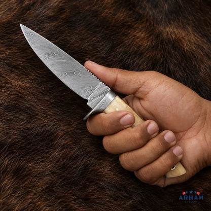 Bone Needlecrest Damascus Hunting Knife – Natural Cattle Bone Handle Arham Cutlery