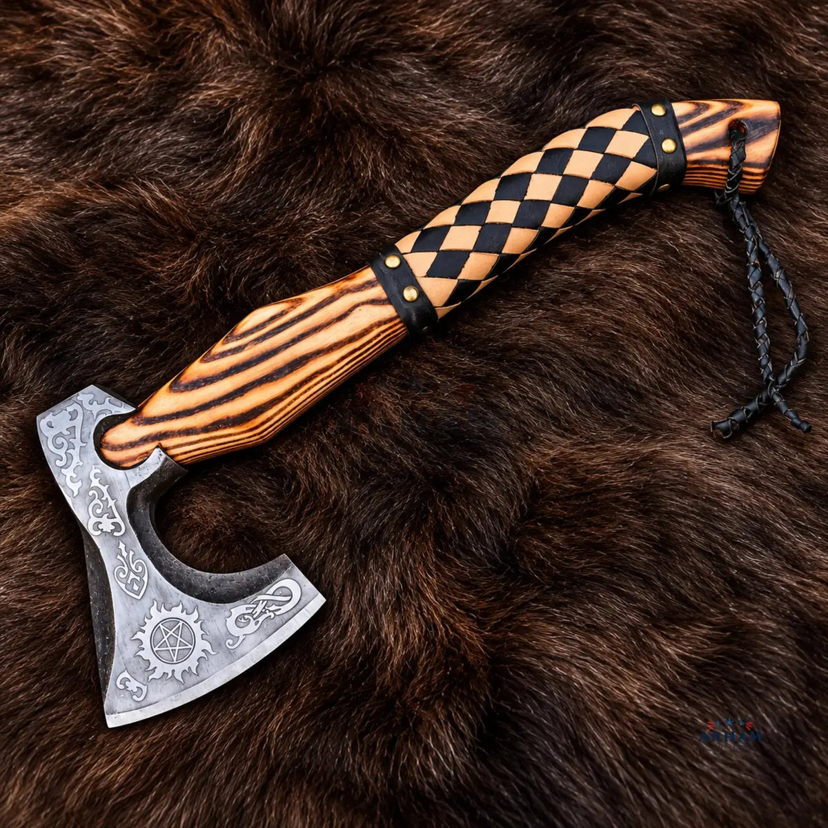 Ashwood Wolfcrest Hand-Forged Viking Axe – Carbon Steel & Ash Wood Handle Arham Cutlery
