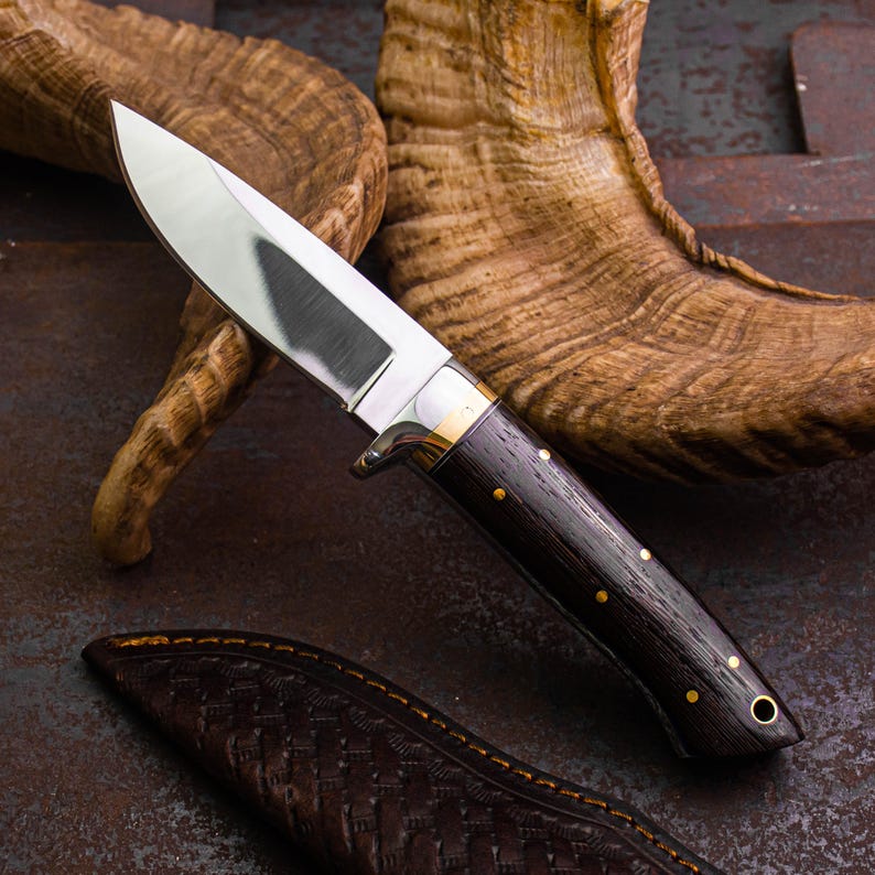 Handmade Stainless Steel Hunting Knife with Wenge Wood Handle – Full Tang Outdoor Knife with Leather Sheath - Arham Cutlery