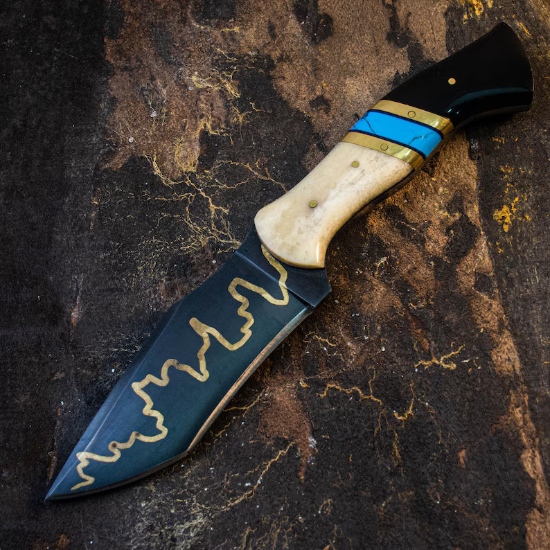 Handmade Viking Hunting Knife with Copper Inlay – Full Tang Stainless Steel Blade, Turquoise & Camel Bone Handle, Leather Sheath - Arham Cutlery
