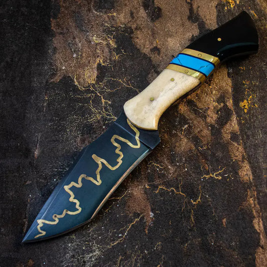 Handmade Viking Hunting Knife with Copper Inlay – Full Tang Stainless Steel Blade, Turquoise & Camel Bone Handle, Leather Sheath - Arham Cutlery