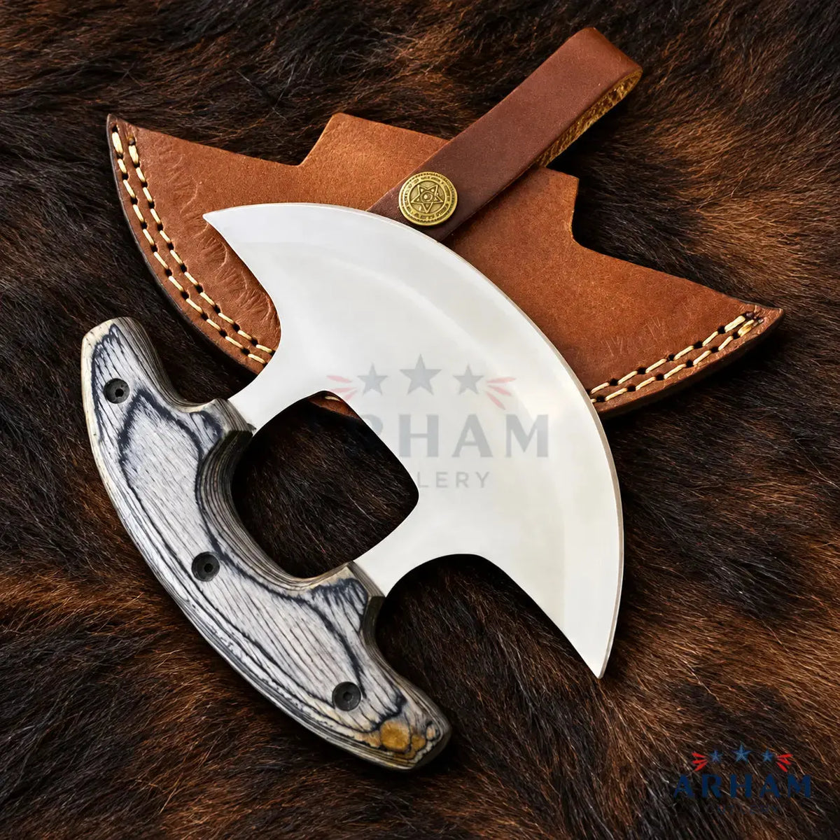 Title/H1: Timber Arc Ulu™ Handmade D2 Steel Ulu Knife with Hardwood Handle Arham Cutlery