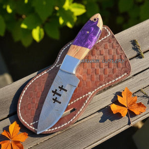 Crimson Crest Skinner Knife – 9" Damascus Steel Blade with Purple Resin Handle | Arham Cutlery