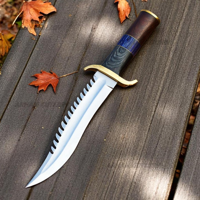 Handmade D2 steel bowie knife with Micarta and wood handle on outdoor wooden surface – Arham Cutlery