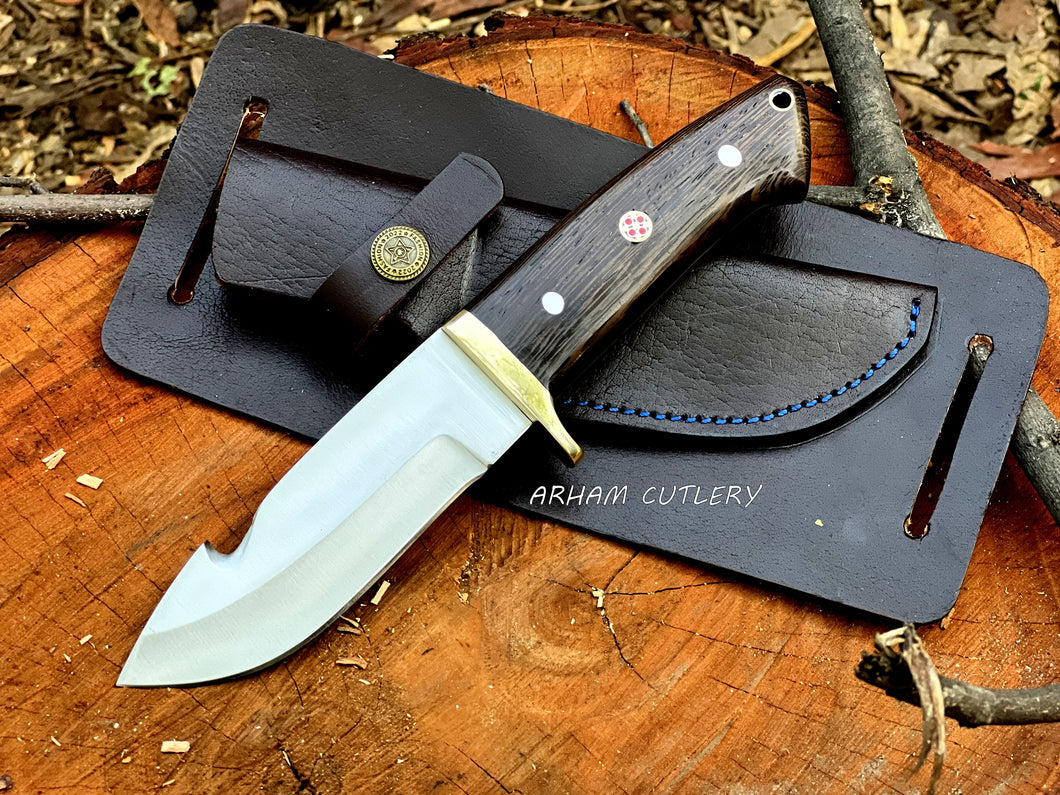 Custom D2 Steel Gut Hook Knife with Wenge Wood Handle & Leather Sheath
