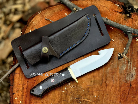 Custom D2 Steel Gut Hook Knife with Wenge Wood Handle & Leather Sheath - Arham Cutlery