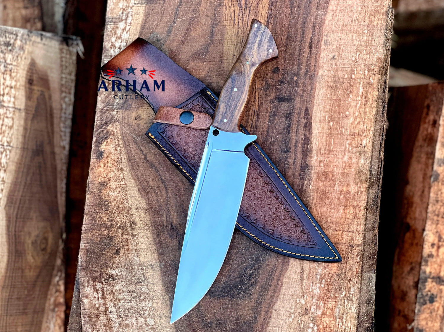 Premium 13" Handmade Hunting Knife – D2 Tool Steel, Rosewood Handle, Leather Sheath - Arham Cutlery