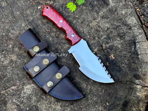 Custom D2 steel tracker knife with pine cone resin handle and leather sheath – Arham Cutlery

