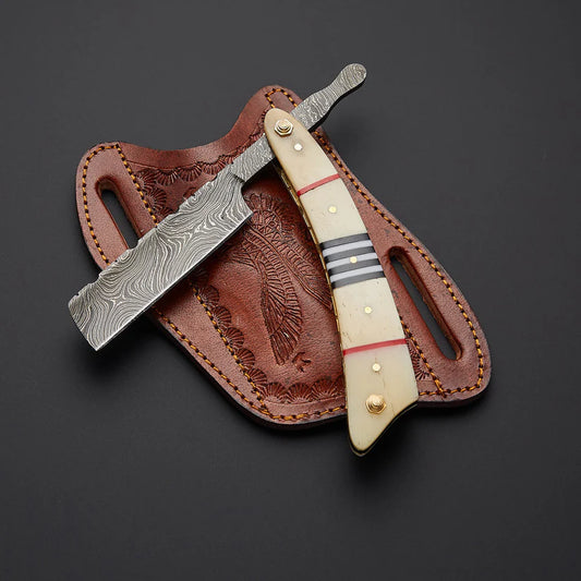 Custom Handmade Damascus Steel Straight Razor – Twist Damascus Blade with Bone Handle & Leather Sheath
