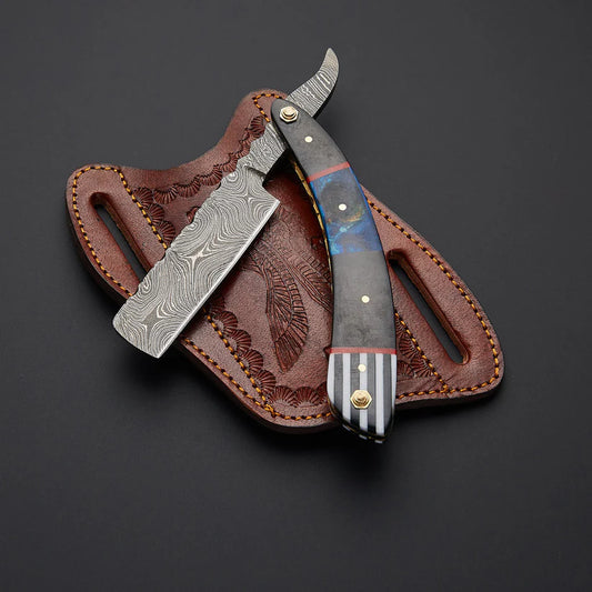 Custom Handmade Damascus Steel Straight Razor – Twist Damascus Blade, Resin & Bone Handle with Leather Sheath