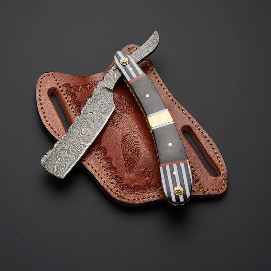 Custom Handmade Damascus Steel Straight Razor – Twist Pattern Blade, Bone & Wood Handle, Leather Sheath Included - Arham Cutlery