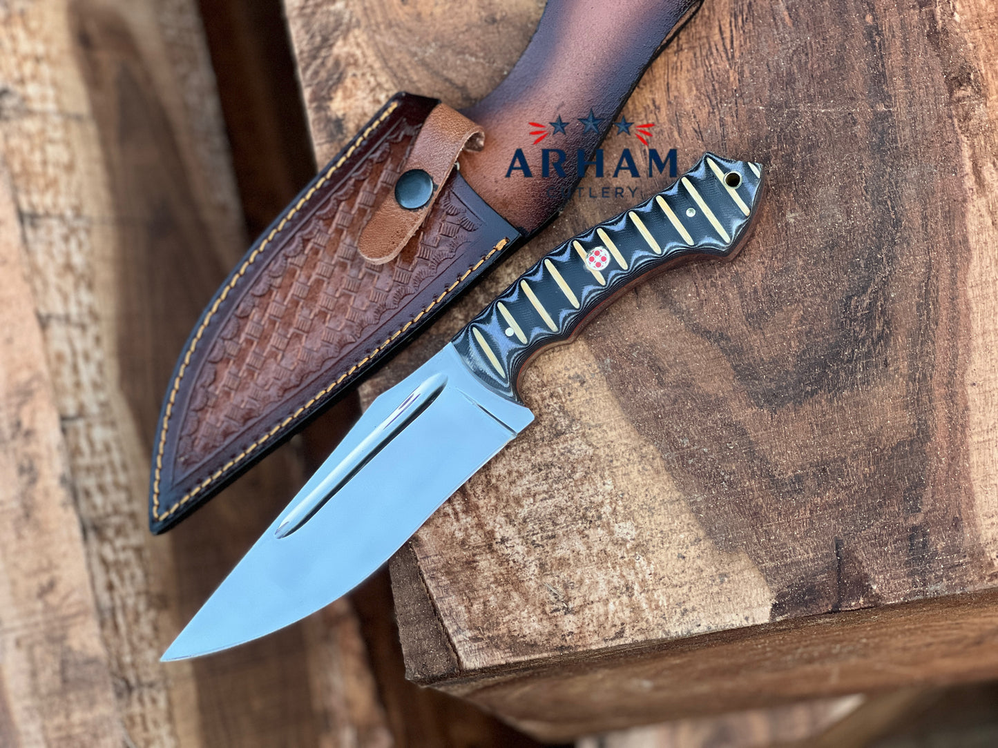 Handmade 11" D2 Steel Hunting Knife – Micarta Handle & Leather Sheath