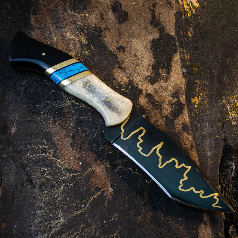 Handmade Viking Hunting Knife with Copper Inlay – Full Tang Stainless Steel Blade, Turquoise & Camel Bone Handle, Leather Sheath - Arham Cutlery
