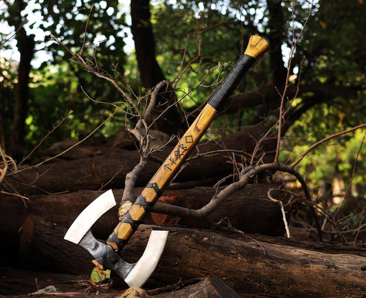 Custom Norse Double Blade Axe – Handmade Carbon Steel Viking Chopper with Burned Ash Handle Arham Cutlery