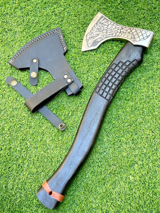 Custom Viking Hatchet – Handmade 1055 Carbon Steel Survival Axe with Ash Wood Grip & Leather Cover Arham Cutlery