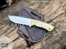 Load image into Gallery viewer, Winter&#39;s Wrath Handmade D2 Steel 9&quot; Handmade Fixed Blade With Cowhide Leather Sheath , Camel Bone Knife , Best Gift For Hunter
