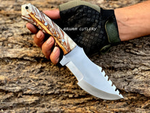 Cargar imagen en el visor de la galería, Handmade D2 Steel Tracker Knife with Pine Cone Resin Handle and Leather Sheath – Arham Cutlery
