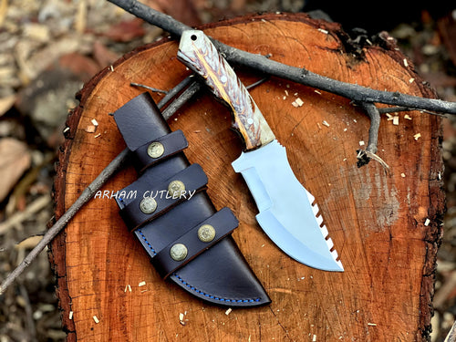 Handmade D2 Steel Tracker Knife with Pine Cone Resin Handle and Leather Sheath – Arham Cutlery