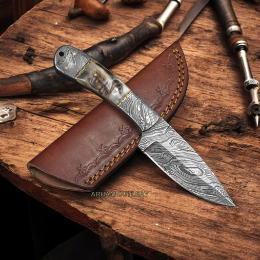 8" Handmade Damascus Steel Sheep Horn Knife