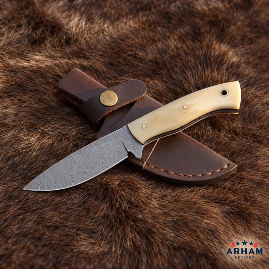 Bone Bushcrest Damascus Bushcraft Knife – Natural Bone Handle Arham Cutlery