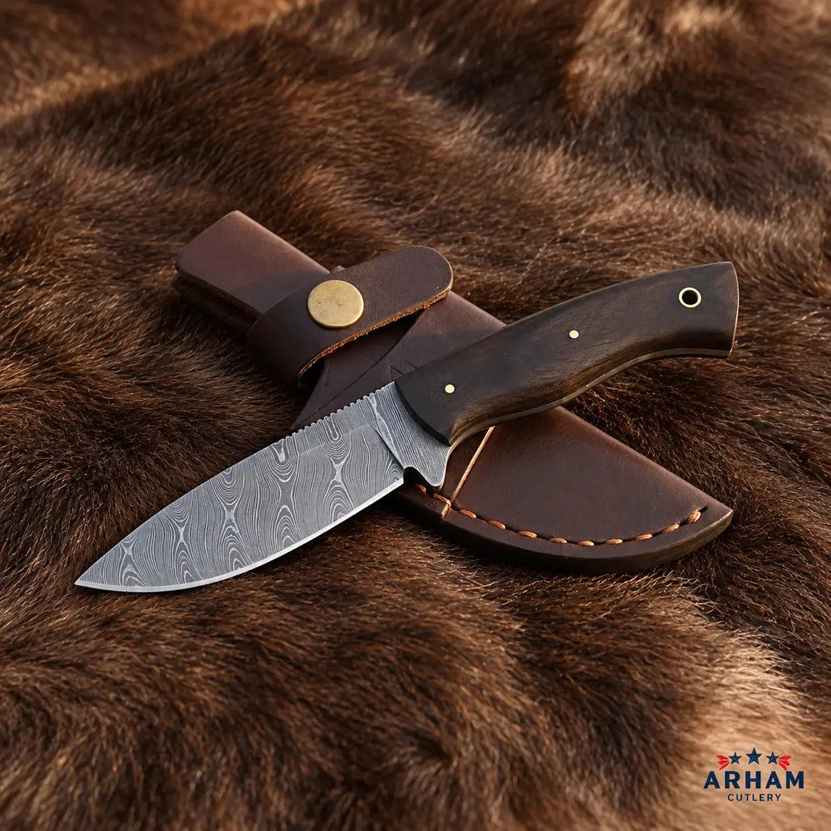 Rosewood Bushcrest Damascus Bushcraft Knife – Rosewood Handle Arham Cutlery