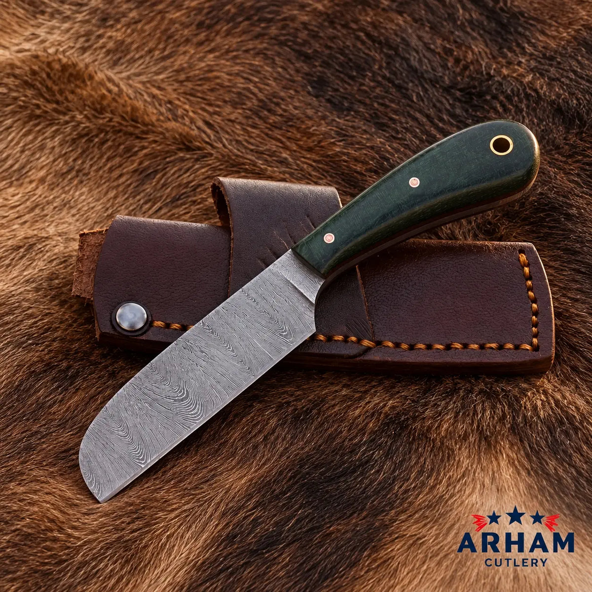 Kalecrest Rancher Damascus Castration Knife – Green Micarta Arham Cutlery