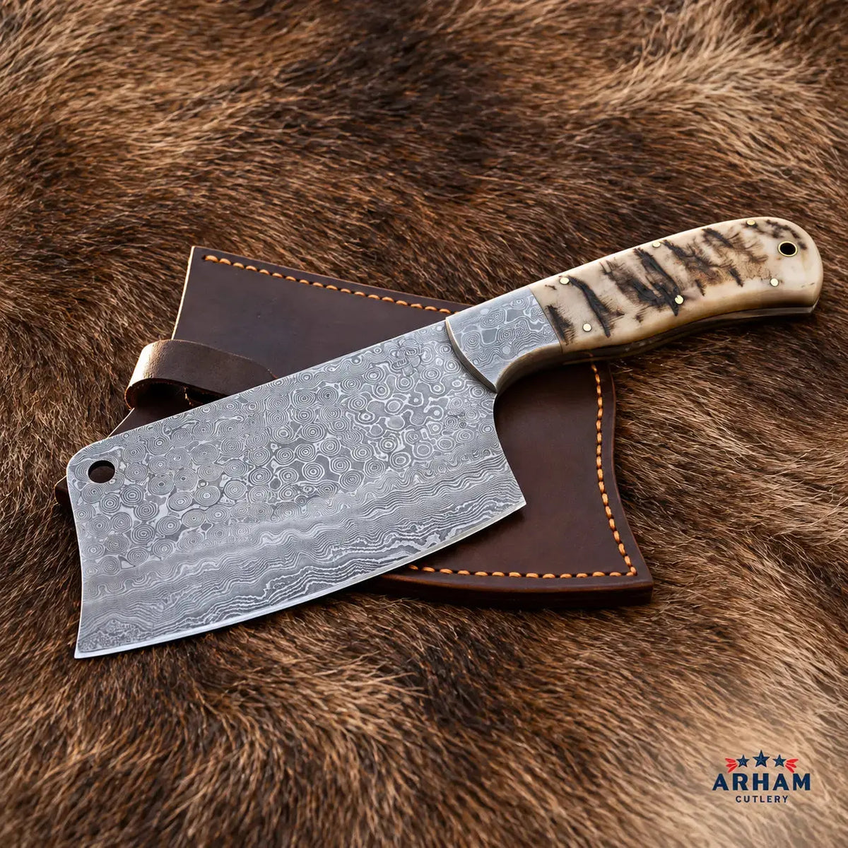 Ramcrest Forge Damascus Cleaver Knife – Ram Horn Handle Arham Cutlery