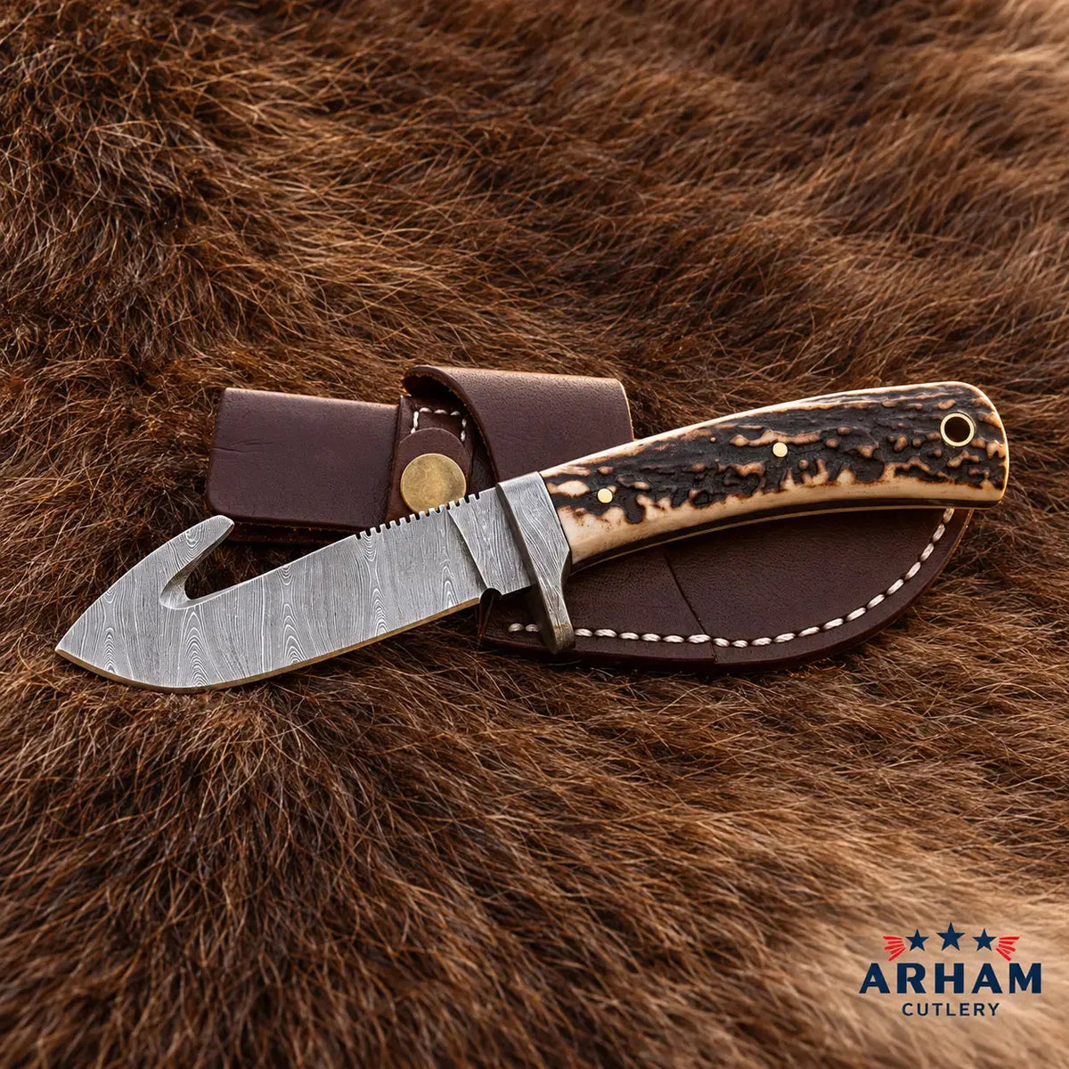 Redstag Guthorn Damascus Gut Hook Skinning Knife – Stag Handle Arham Cutlery