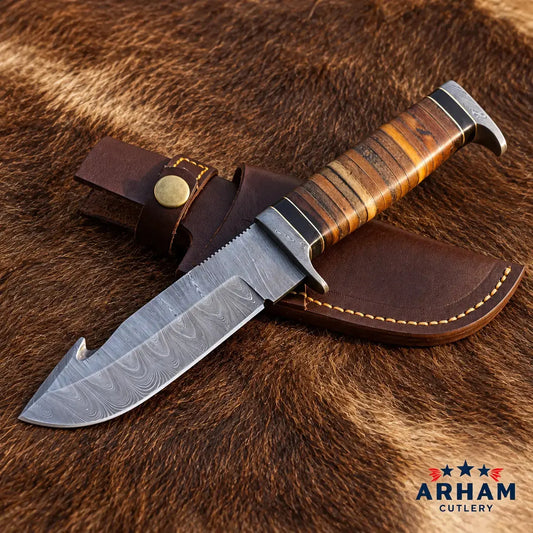 Leatherstack Guthorn Damascus Gut Hook Skinning Knife – Stacked Leather Handle Arham Cutlery