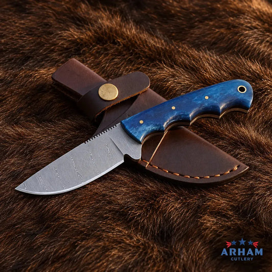 Bluebone Archcrest™ Damascus Hunting Knife – Blue Bone Handle Arham Cutlery
