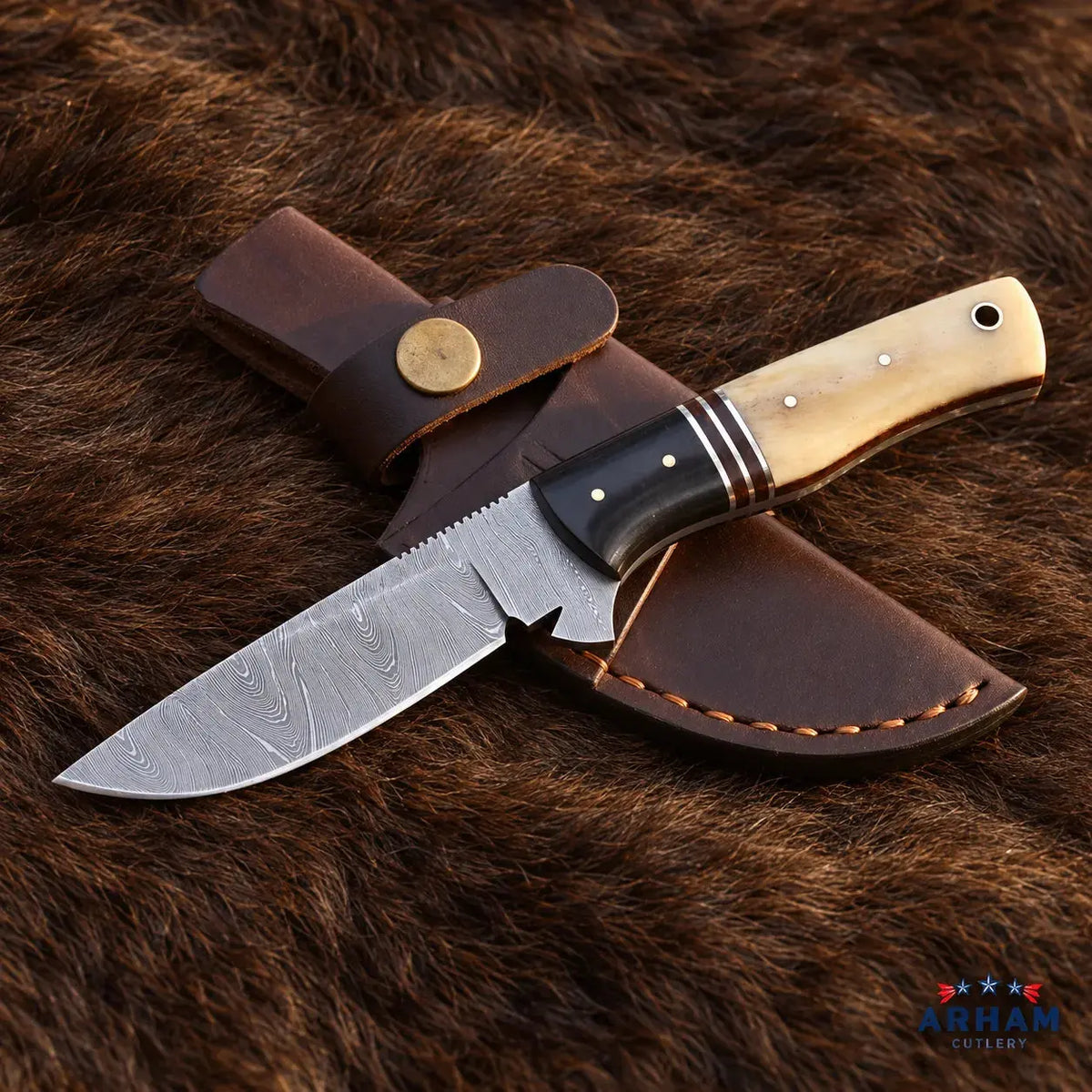 Bonecrest Trailnotch Damascus Hunting Knife – Cattle Bone Handle Arham Cutlery