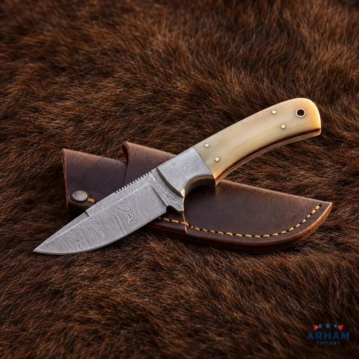 Bonecrest Rounder™ Damascus Hunting Knife – Natural Bone Handle Arham Cutlery
