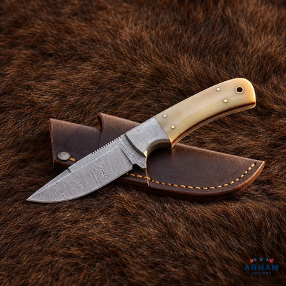 Bonecrest Rounder™ Damascus Hunting Knife – Natural Bone Handle Arham Cutlery