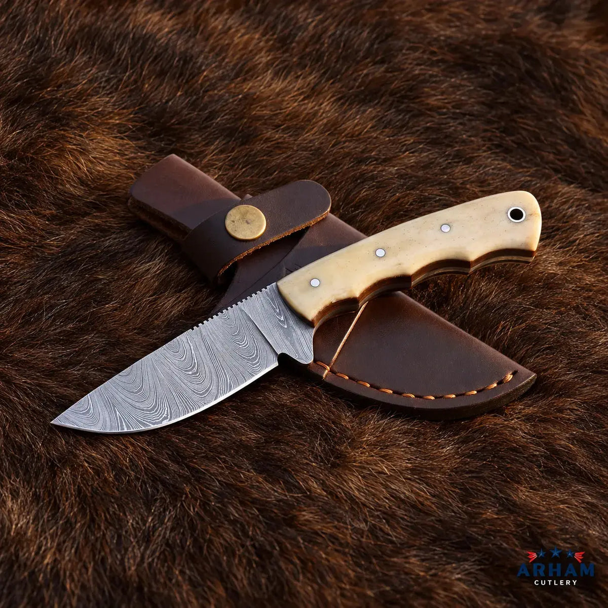 Bone Archcrest™ Damascus Hunting Knife – Natural Bone Handle Arham Cutlery
