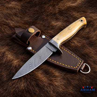 Bone Needlecrest Damascus Hunting Knife – Natural Cattle Bone Handle Arham Cutlery