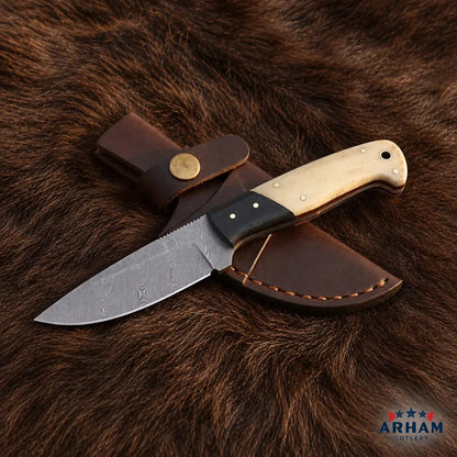 Boneforge Blackcrest Damascus Hunting Knife – Bone & Micarta Handle Arham Cutlery