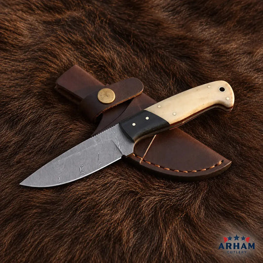 Boneforge Blackcrest Damascus Hunting Knife – Bone & Micarta Handle Arham Cutlery