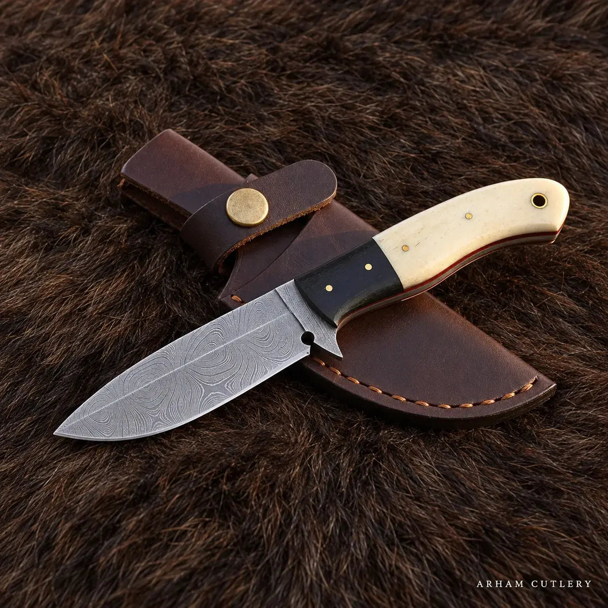 Boneforge Doublecrest™ Damascus Hunting Knife – Bone & Micarta Handle Arham Cutlery