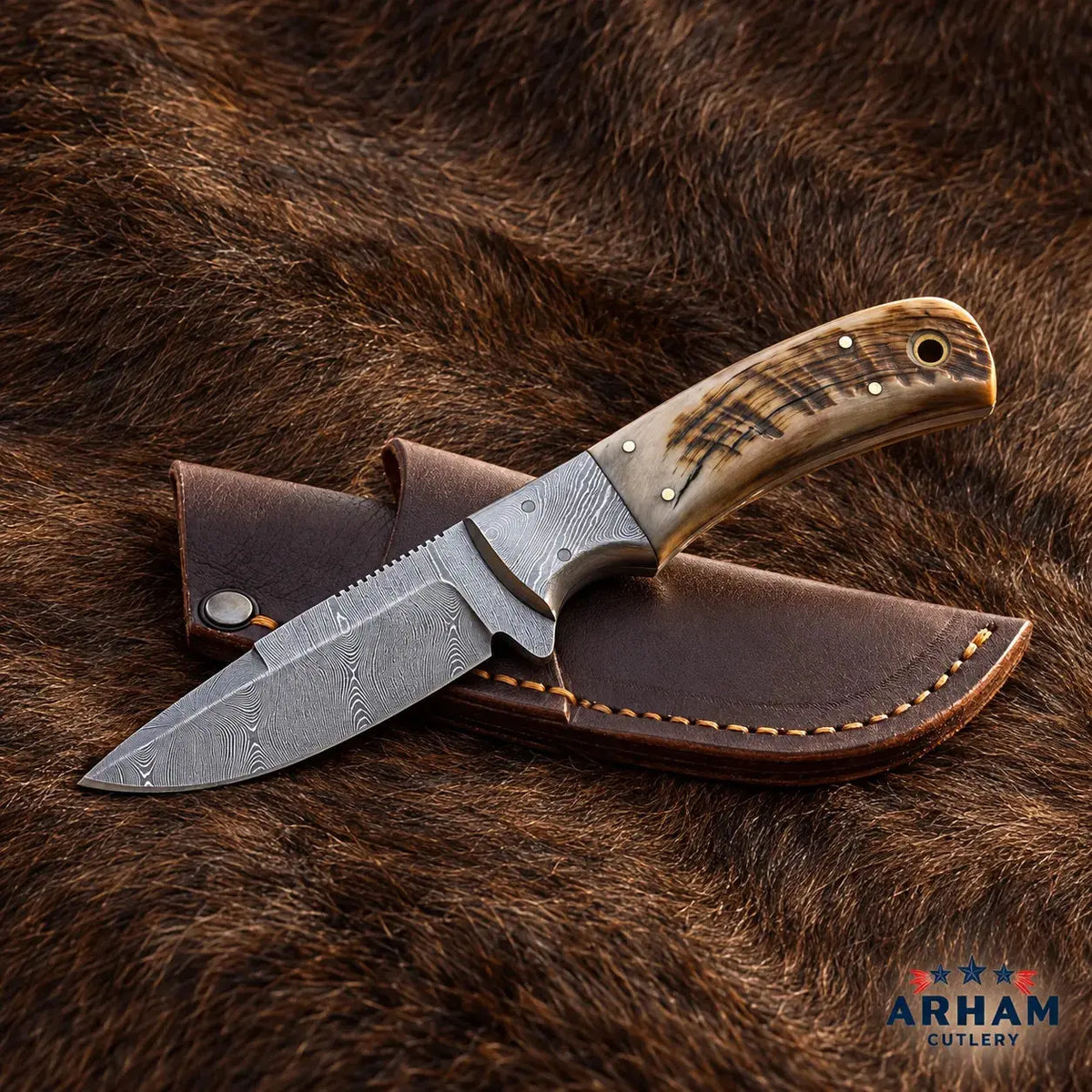Ramhorn Ridge Damascus Hunting Knife – Ram Horn Handle Arham Cutlery