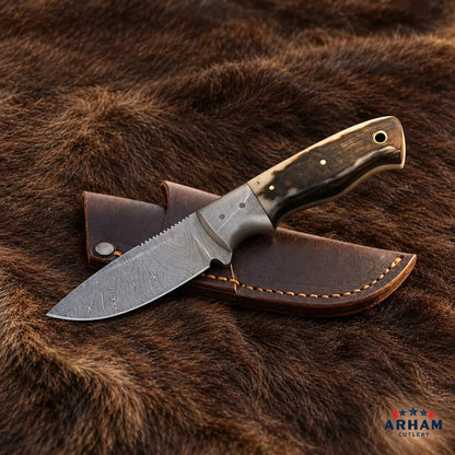 Ramhorn Bijou Damascus Hunting Knife – Ram Horn Handle Arham Cutlery