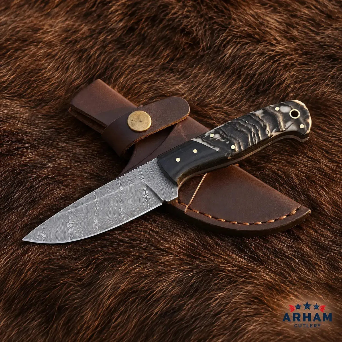 Ramcrest Blackforge Damascus Hunting Knife – Ram Horn & Micarta Handle Arham Cutlery