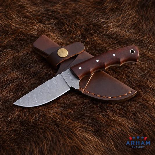 Scarlet Archcrest™ Damascus Hunting Knife – Red Micarta Handle Arham Cutlery