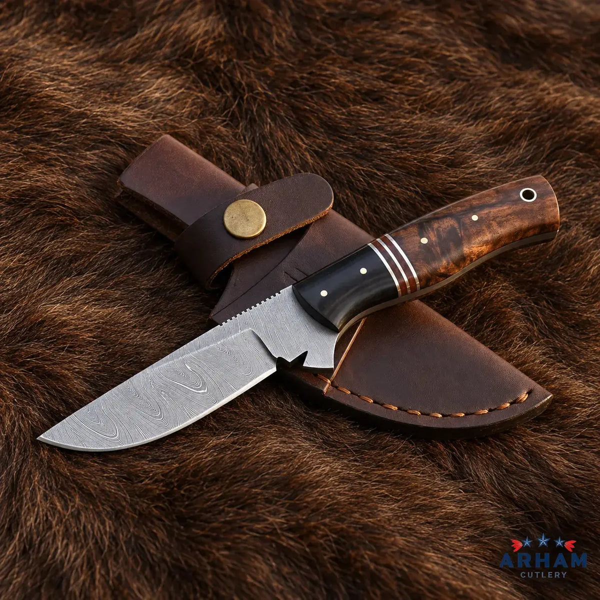 Rosewood Trailnotch Damascus Hunting Knife – Rosewood Handle Arham Cutlery