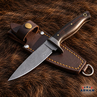 Rosewood Needlecrest Damascus Hunting Knife – Stabilized Rosewood Handle Arham Cutlery