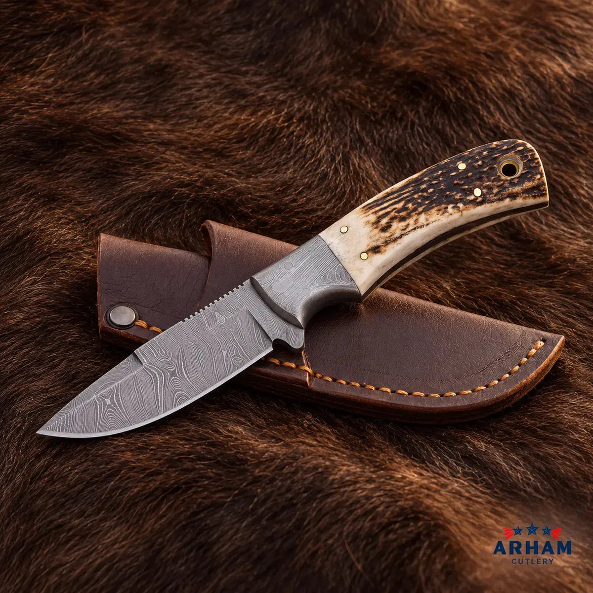 Stagcrest Ridge Damascus Hunting Knife – Stag Handle Arham Cutlery