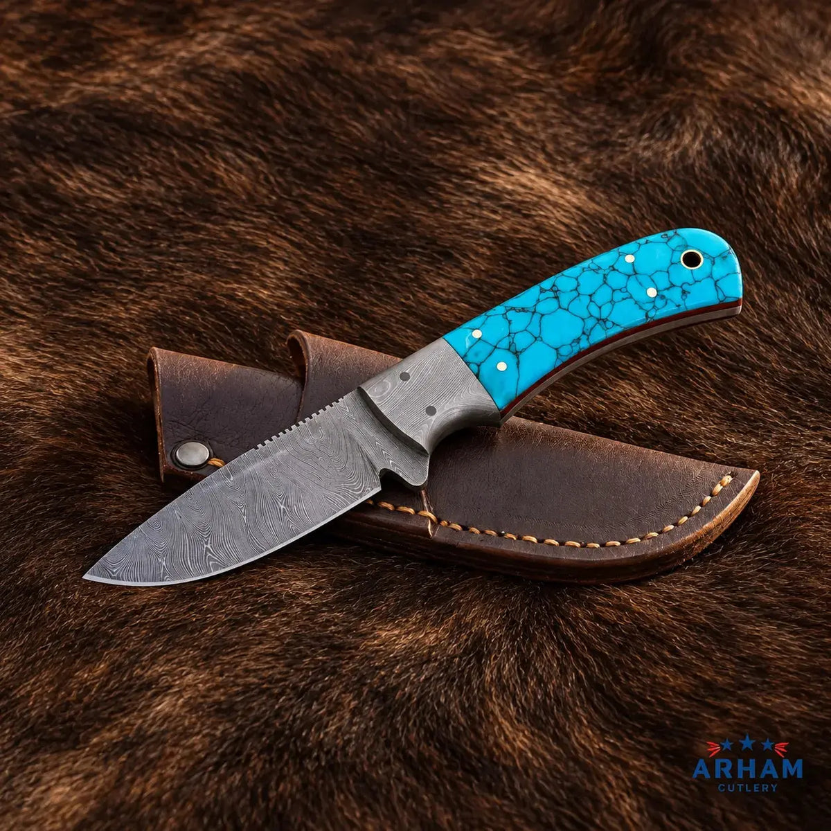Turquoise Ridge Damascus Hunting Knife – Faux Turquoise Handle Arham Cutlery