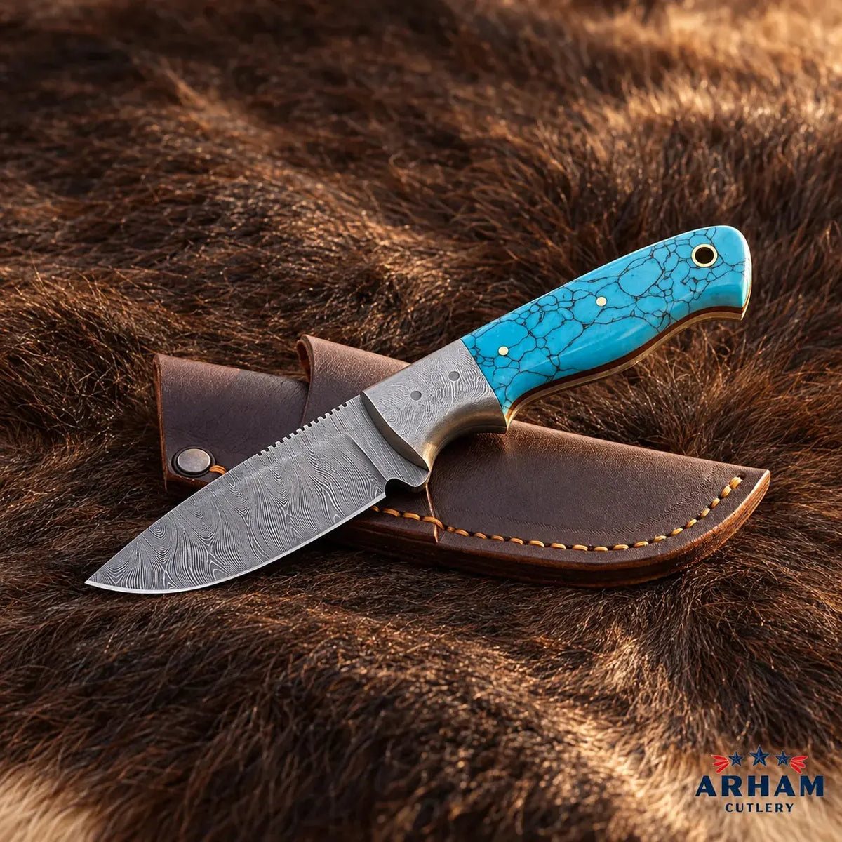 Turquoise Bijou Damascus Hunting Knife – Faux Turquoise Handle Arham Cutlery
